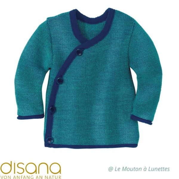 Gilet bébé tricoté disana en laine mérinos brassière enfant et bébé marine turquoise
