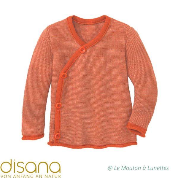 Gilet bébé tricoté disana en laine mérinos brassière enfant et bébé orange rosé