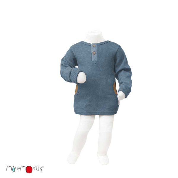 HENLEY Shirt long sleeve ManyMonths tricot manches longues enfant évolutif en laine mérinos avec boutons coco et poches blue mist