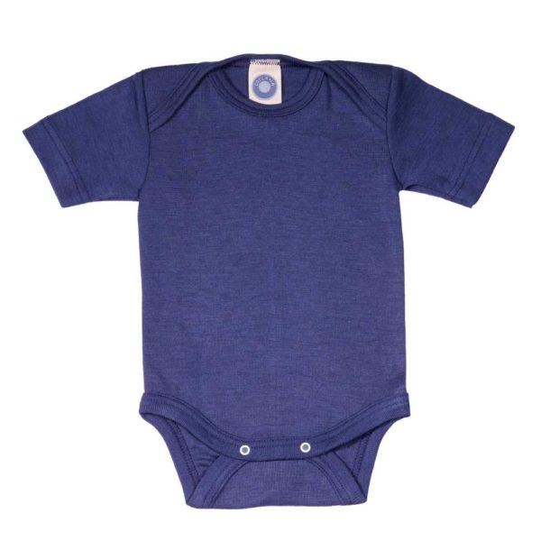 Body bébé Cosilana manches courtes en laine mérinos bio et soie naturelle bleu marine