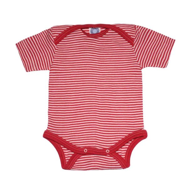 Body bébé Cosilana manches courtes en laine mérinos bio et soie naturelle rayures rouge