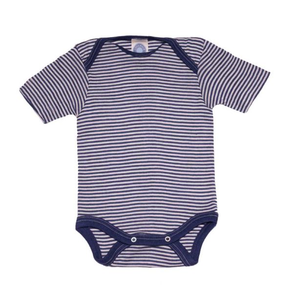 Body bébé Cosilana manches courtes en laine mérinos bio et soie naturelle rayures bleu marine