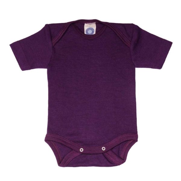 Body bébé Cosilana manches courtes en laine mérinos bio et soie naturelle violet prune
