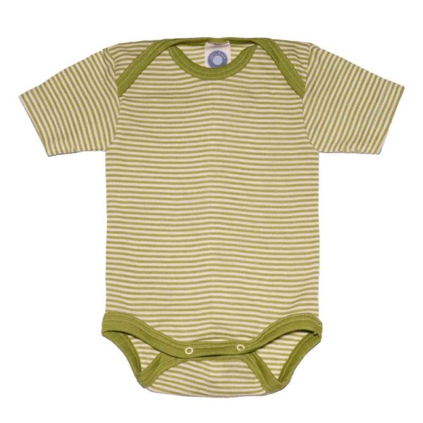 Body bébé Cosilana manches courtes en laine mérinos bio et soie naturelle rayures vert