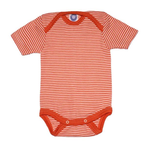 Body bébé Cosilana manches courtes en laine mérinos bio et soie naturelle rayures orange