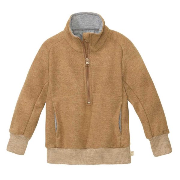 sweat disana pour enfant en laine bouillie bio fine légère col zippé caramel