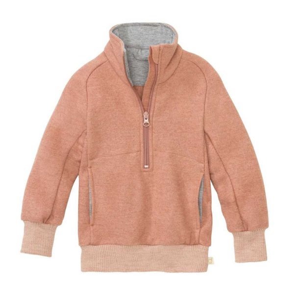 sweat disana pour enfant en laine bouillie bio fine légère col zippé rose poudré