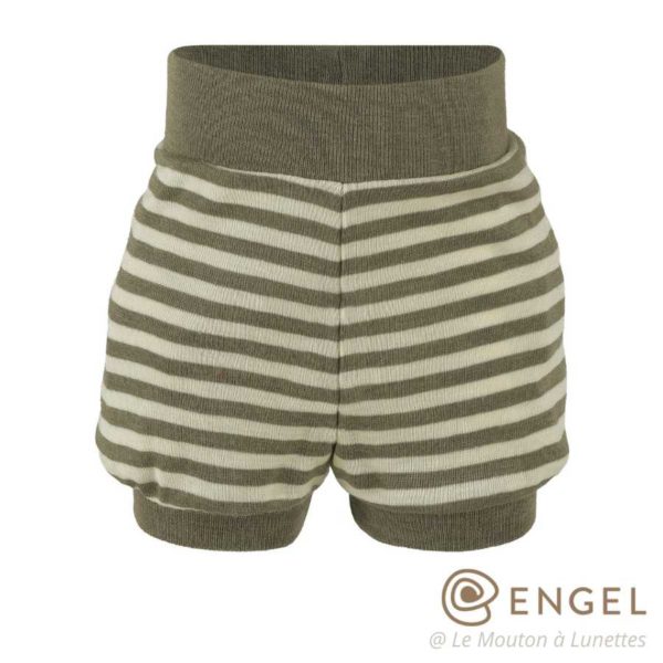 short bloomer en laine mérinos et soie pour bébé Engel natur olive rayé