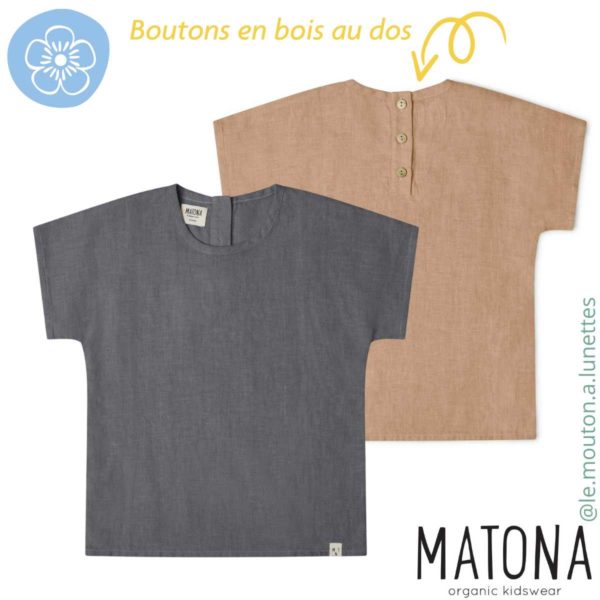 t-shirt en lin enfant matona haut manches courtes lin boutons bois